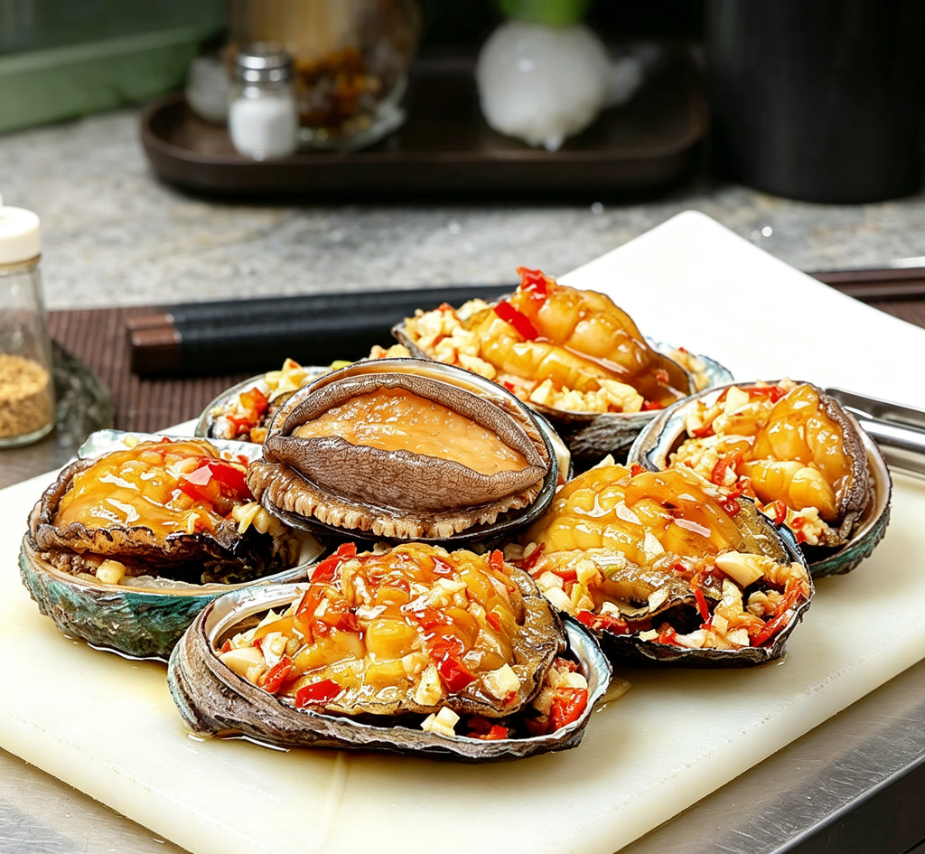 Plump pieces resting in their natural shells under a glossy sauce