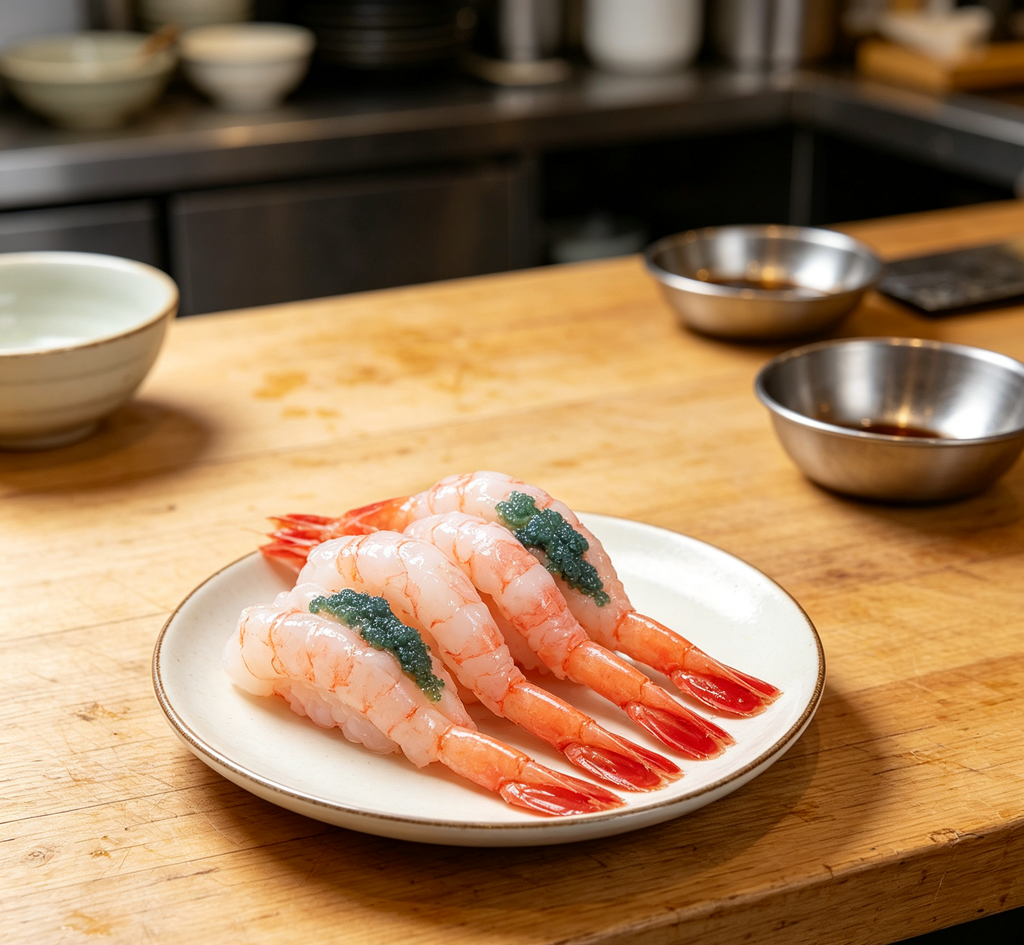 Translucent pieces arranged neatly over seasoned rice