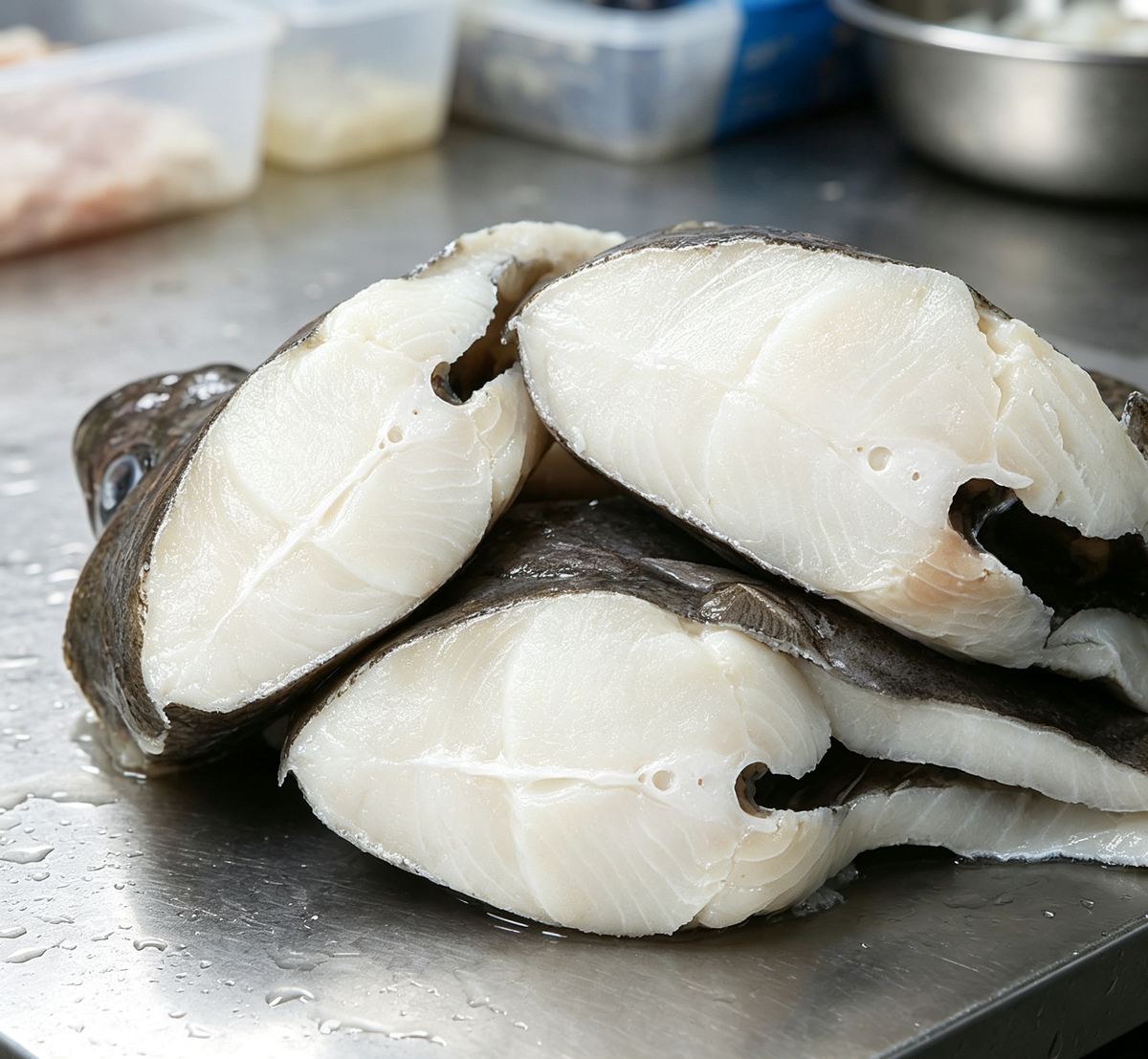 Even portions of white fish laid out on a dark plate