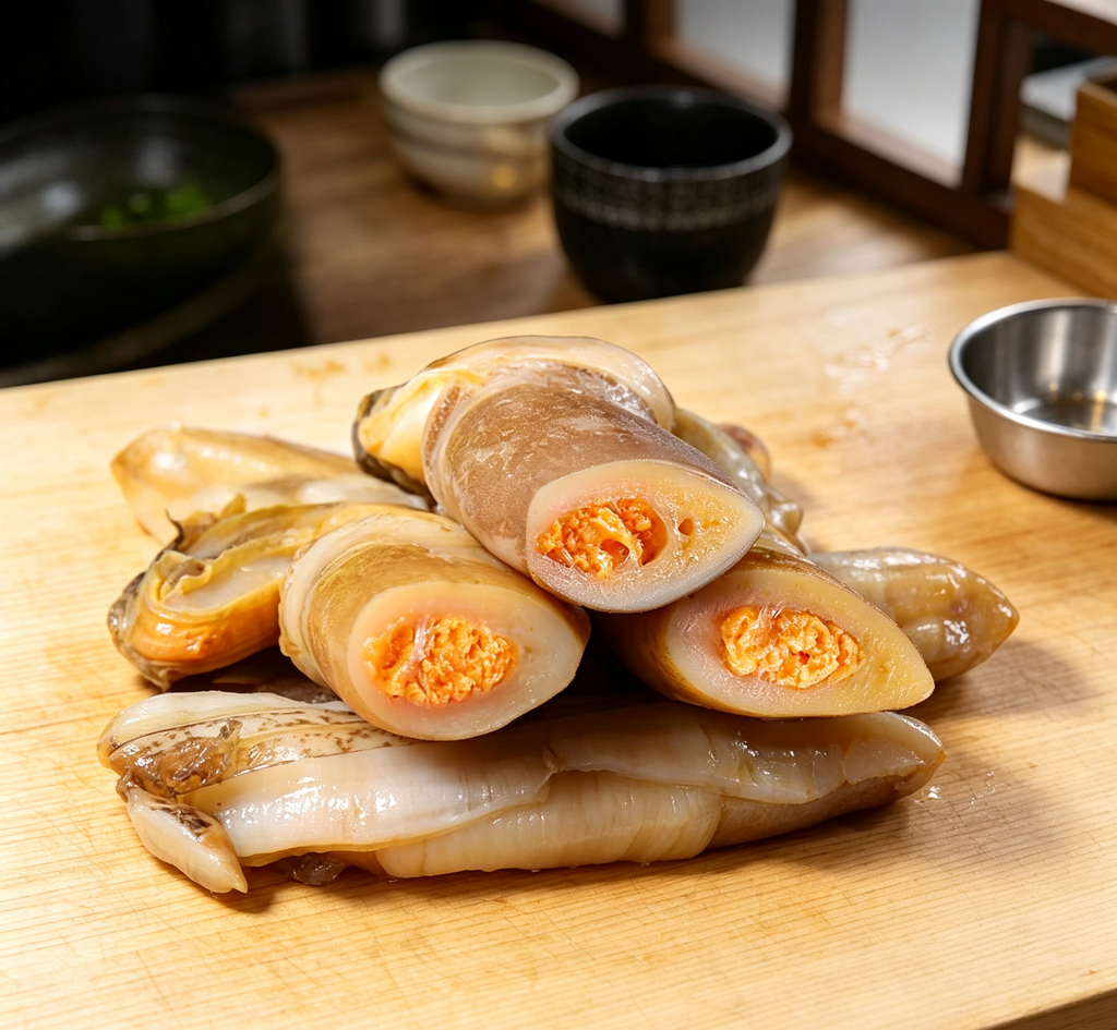 Cylindrical pieces with translucent meat and orange roe