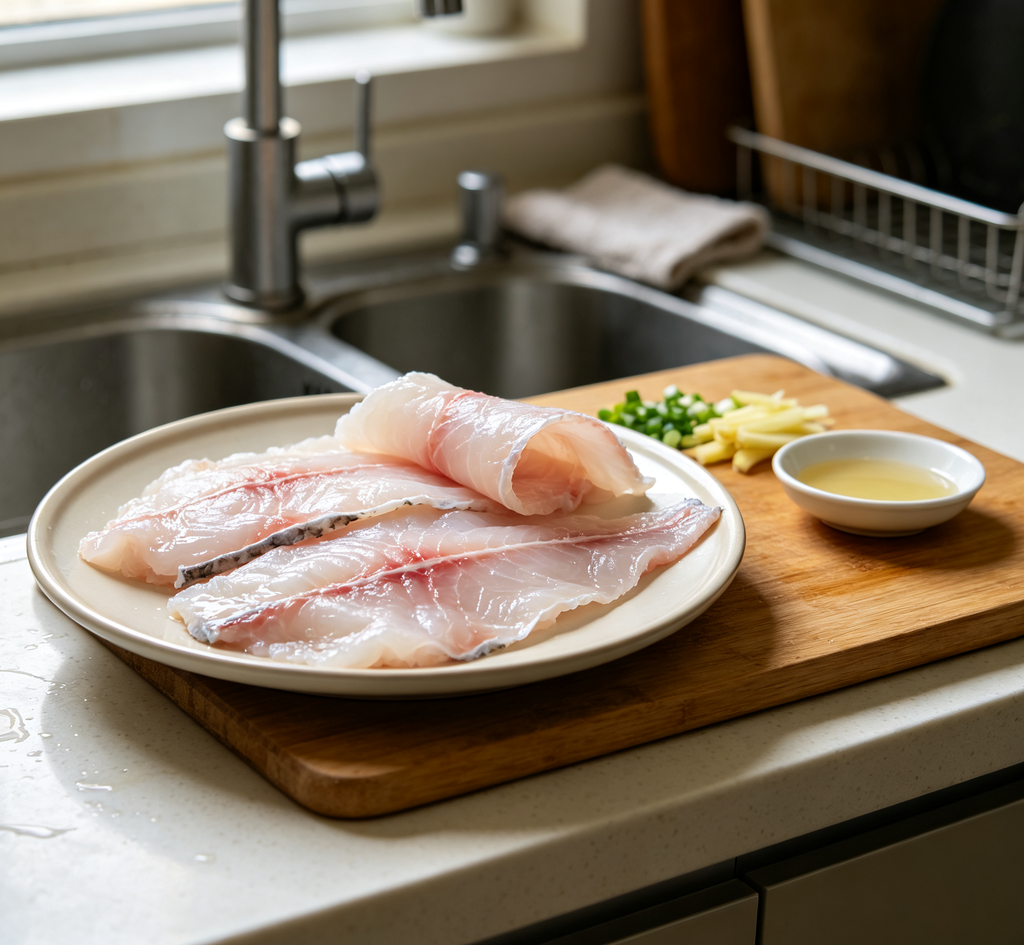 Neat slices of pale pink fish with a clean, moist surface