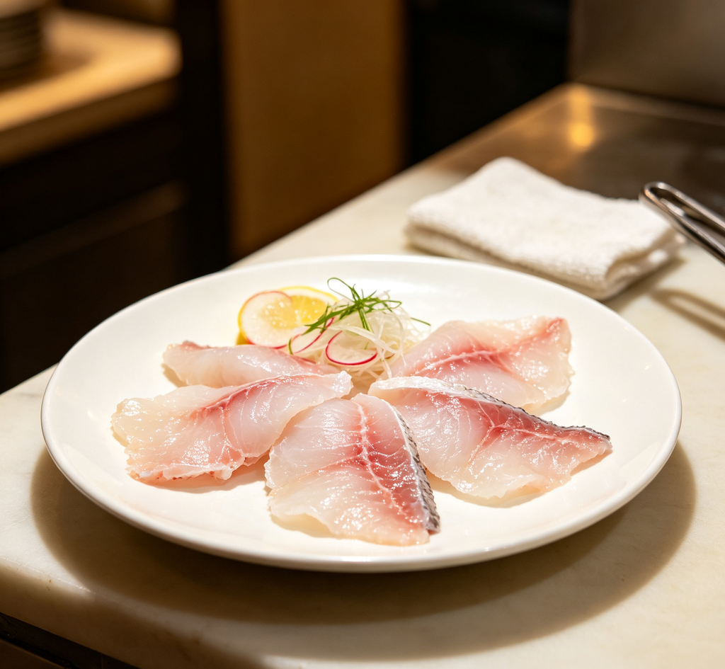 Evenly cut portions arranged on a white plate with herbs