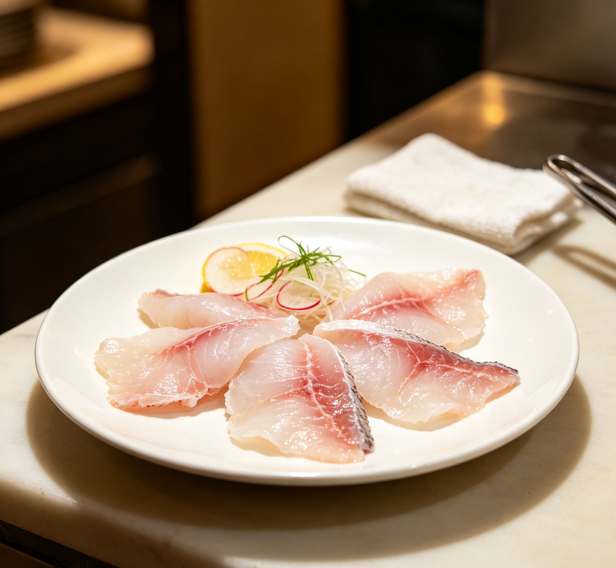 Evenly cut portions arranged on a white plate with herbs