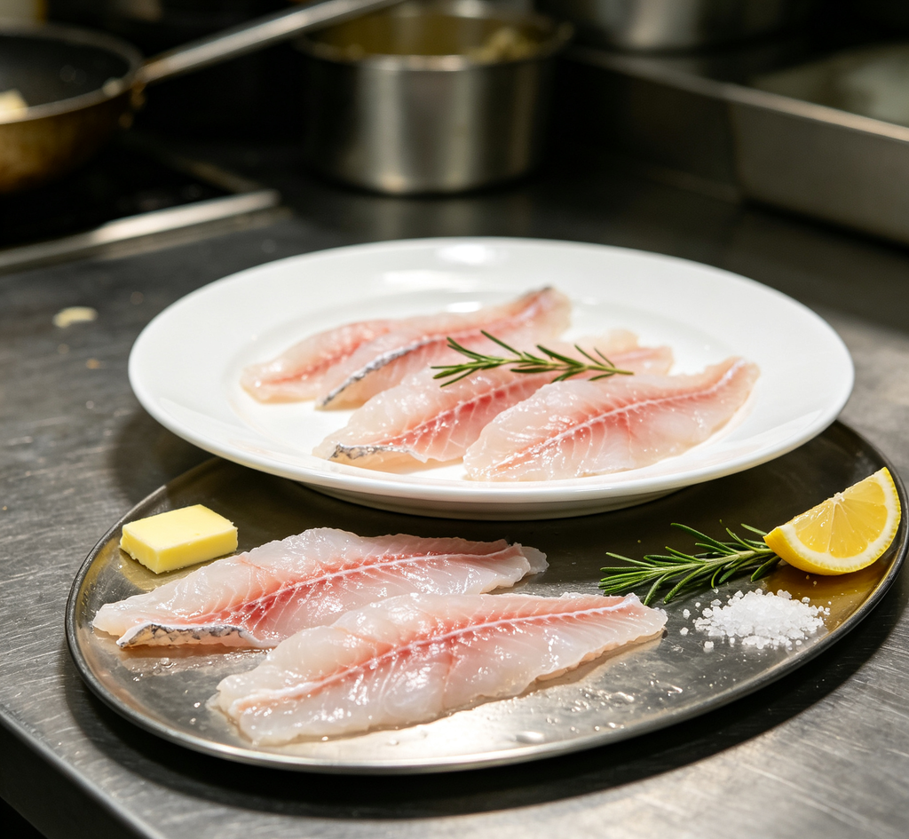 Cooked slices plated with lemon and greens